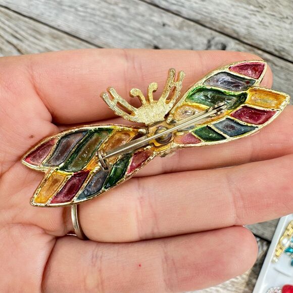 Vintage Jewelry Mosaic Insect Wing Brooch Cloisonné Flying Bug Winged Insect Pin - Picture 5 of 6